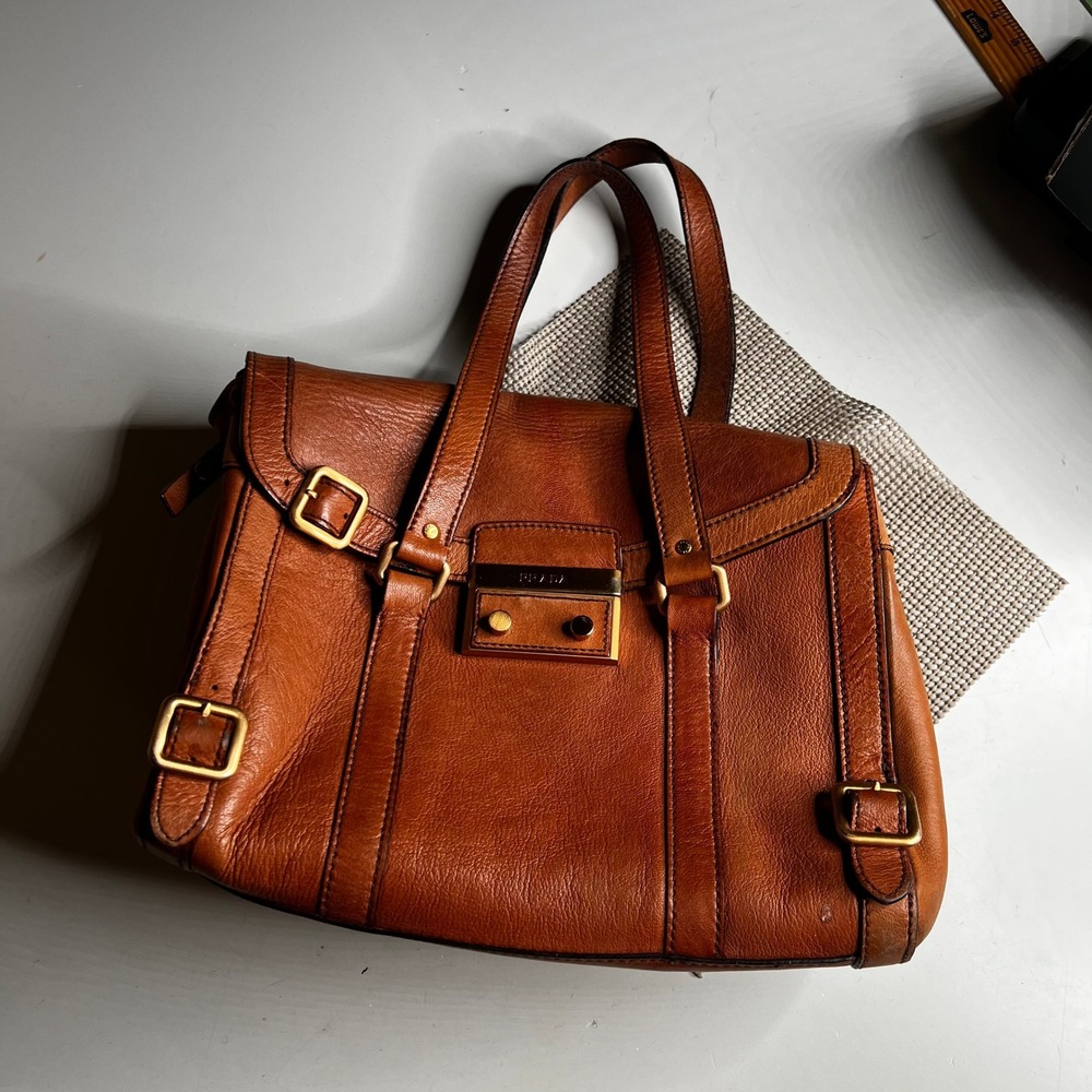 Prada Cognac Brown Pebbled Leather Satchel Bag Gold Hardware Made in Italy